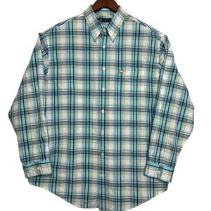 Jack‎ Nicklaus Men's L Plaid Button Down Long Sleeve Shirt Golf Aqua Yellow